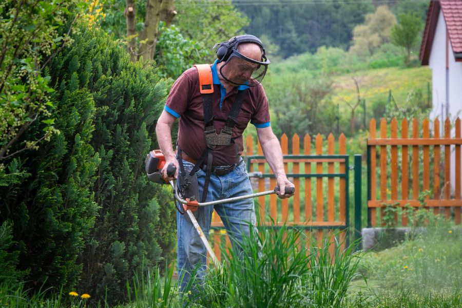 man with protective glasses cutting grass