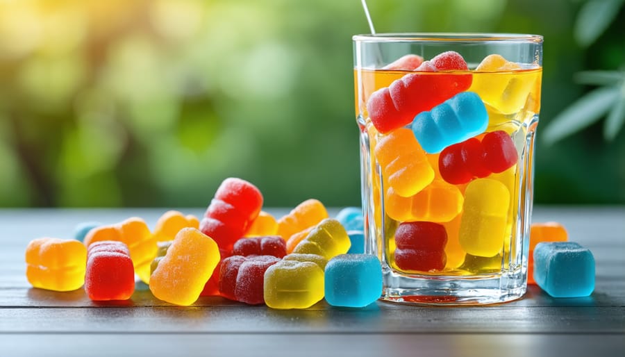 Various types of CBD gummies next to a glass of water