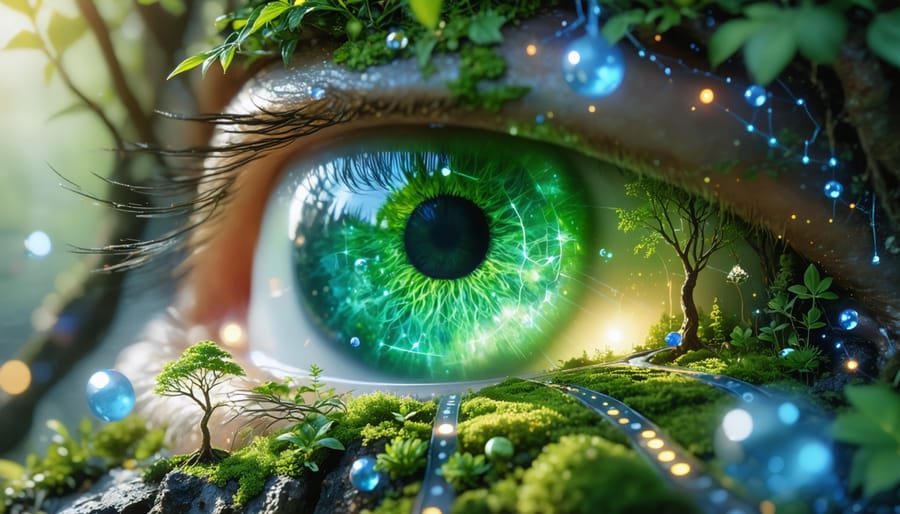 Conceptual illustration of an eye integrating elements of nature and wellness, with a CBD gummy tree symbolizing potential eye health benefits.