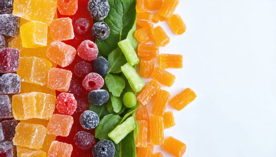 A split-screen image showing a colorful assortment of freeze-dried candy on one side and healthy foods like salmon, leafy greens, and vibrant fruits and vegetables on the other, highlighting the contrast between sugary snacks and eye-nourishing foods.