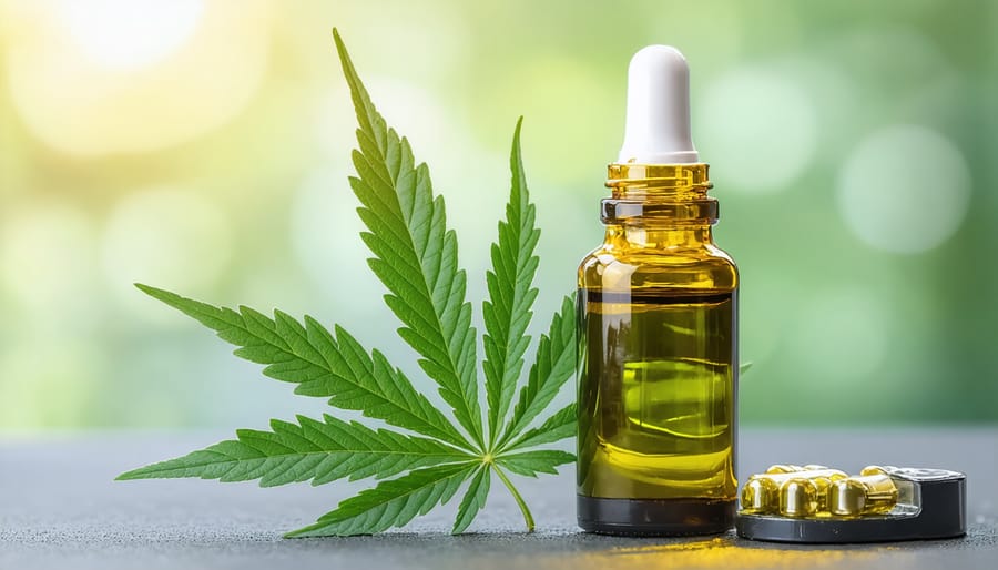 CBD oil bottle next to a cannabis leaf