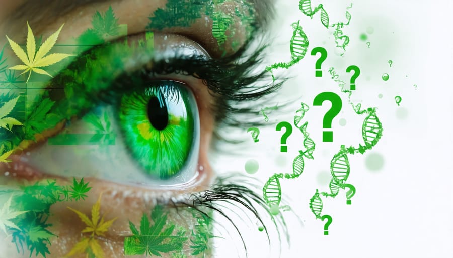 Conceptual image showing a human eye with cannabis leaf patterns, surrounded by scientific elements and question marks to represent the potential benefits and uncertainties of CBD oil for eye health.