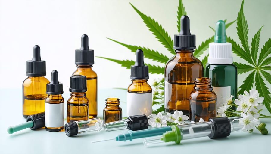 CBD oil tinctures and eye medication bottles displayed alongside optometry tools