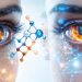 Conceptual illustration showing vibrant eyes interwoven with DHEA molecular structure, representing the protective role of DHEA supplements in eye health.