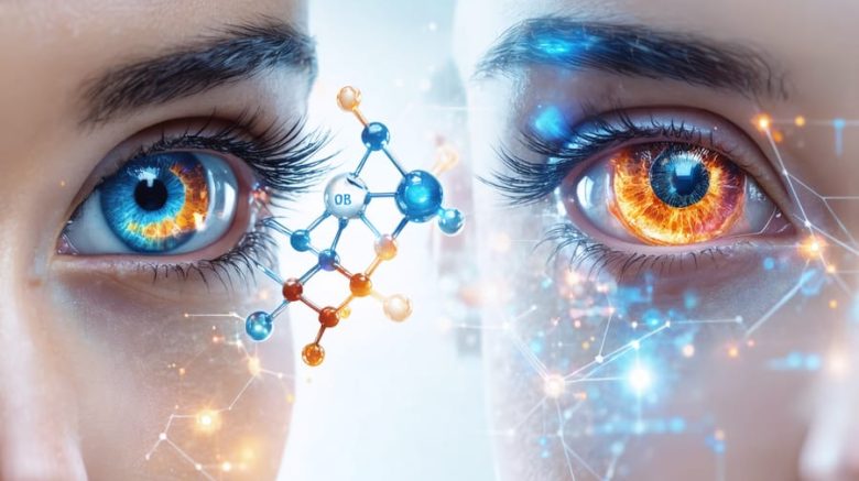 Conceptual illustration showing vibrant eyes interwoven with DHEA molecular structure, representing the protective role of DHEA supplements in eye health.