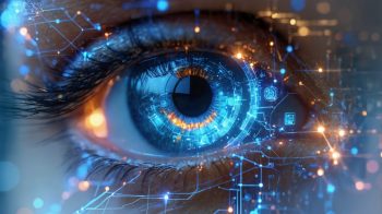 Digitally rendered image of a human eye featuring an intricate network of glowing circuits to represent the endocannabinoid system. The image subtly incorporates CBD gummies as part of the eye's design, symbolizing the integration of CBD into eye health care.