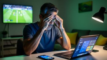 Brazilian adult rubbing tired eyes at night in front of a laptop and phone glowing blue, glasses catching screen reflections, with a blurred soccer match on a TV and a warm desk lamp in a dim apartment.