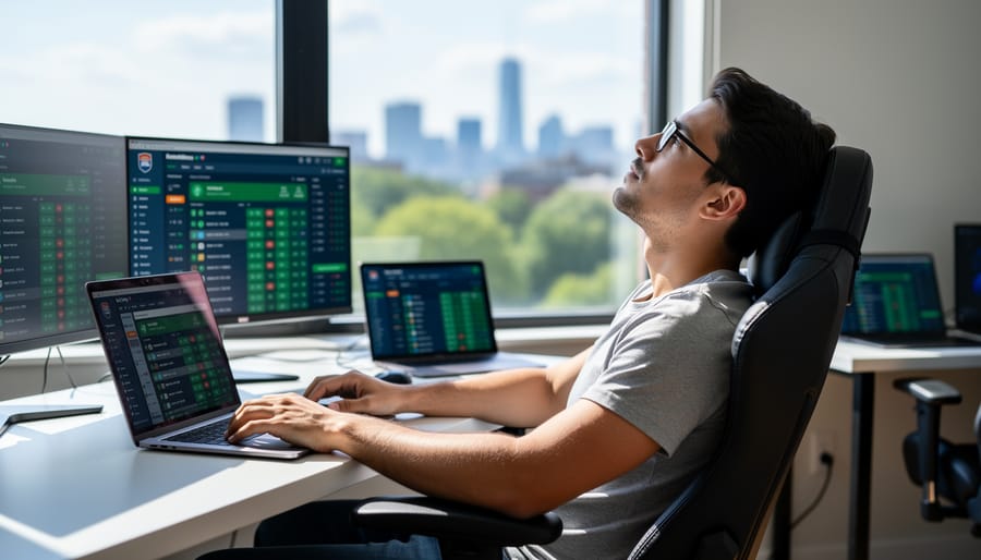 Person taking break from computer screen to look at distant view through window