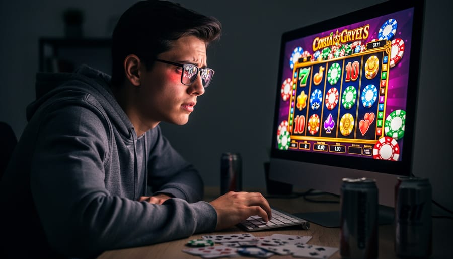 Close-up of strained eyes reflecting bright casino game graphics from computer screen