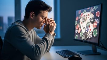 Young adult at a desk, three-quarter profile, massaging the bridge of their nose in front of a glowing computer monitor with blurred casino-like graphics, poker chips, and card backs, conveying eye strain from online gambling.