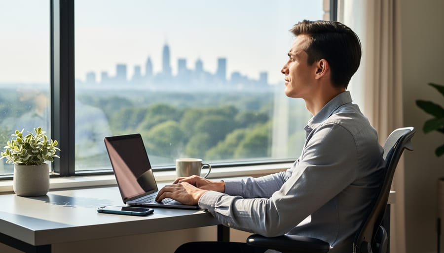 Person taking eye break from computer by looking at distant outdoor scenery through window