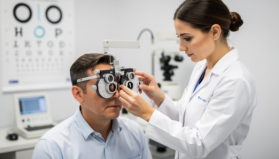 Optometrist conducting professional eye examination with specialized equipment