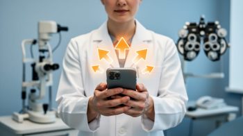 Healthcare professional holding a smartphone with glowing orange upvote arrows, ophthalmology equipment blurred in the background, symbolizing artificially boosted eye health content and credibility risks.