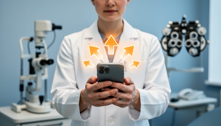 Healthcare professional holding a smartphone with glowing orange upvote arrows, ophthalmology equipment blurred in the background, symbolizing artificially boosted eye health content and credibility risks.