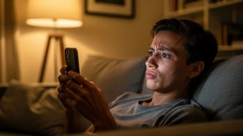 Person scrutinizing health content on a smartphone with skeptical expression