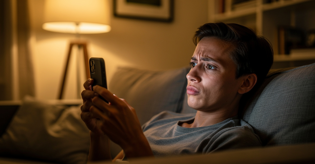 Person scrutinizing health content on a smartphone with skeptical expression