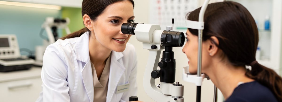Optometrist examining patient eye with slit lamp in modern eye care clinic