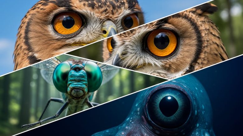 Close-up composite of four animal eyes—hawk, owl, dragonfly compound eye, and giant squid—arranged diagonally with dramatic side lighting and blurred hints of natural habitats.