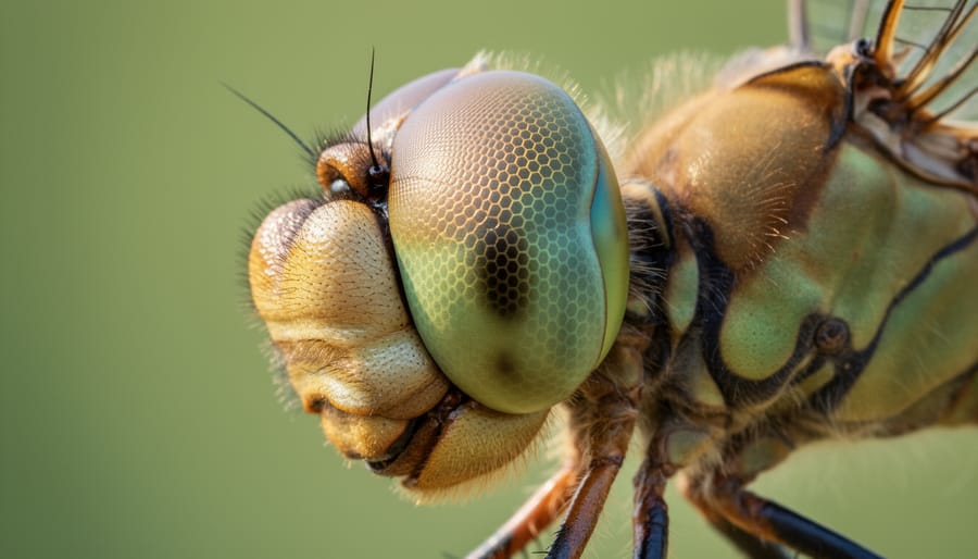 Extreme close-up of dragonfly compound eye showing hexagonal facet pattern