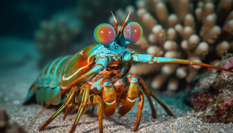 Close-up of mantis shrimp's colorful compound eyes showing complex structure