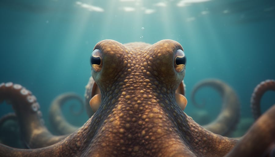 Close-up of octopus eye showing W-shaped pupil and surrounding textured skin