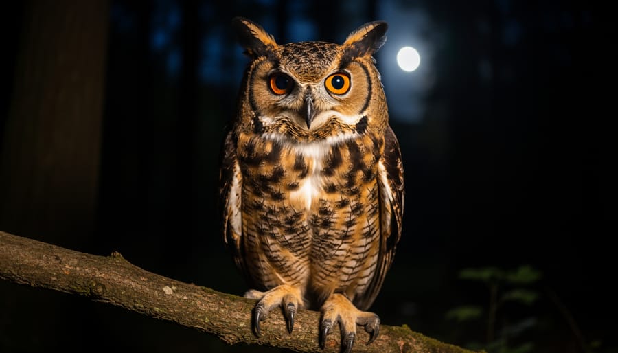 Frontal view of great horned owl showing large forward-facing eyes