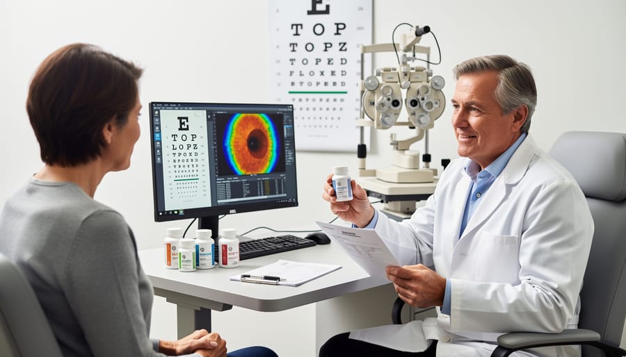Eye doctor consulting with elderly patient in professional medical office setting