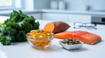 Bowl of golden omega-3 capsules next to fresh kale, salmon fillet, halved sweet potato, and a small dish of pumpkin seeds on a white counter, with blurred eyeglasses in the background.