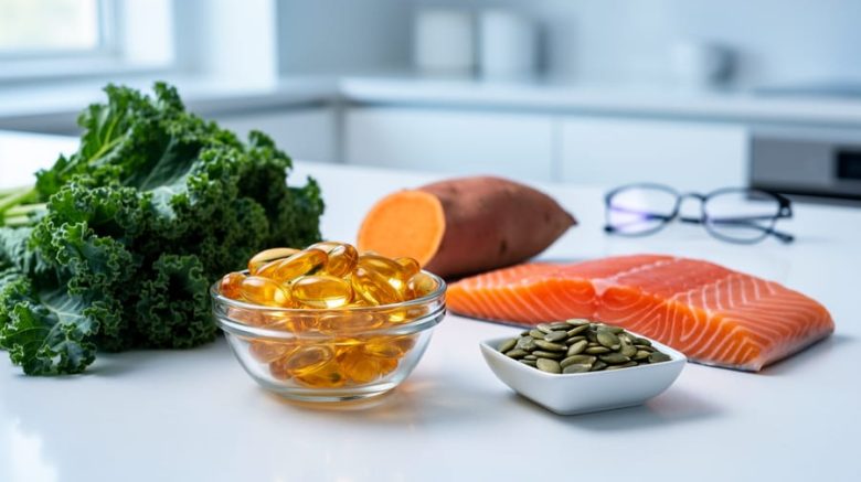 Bowl of golden omega-3 capsules next to fresh kale, salmon fillet, halved sweet potato, and a small dish of pumpkin seeds on a white counter, with blurred eyeglasses in the background.