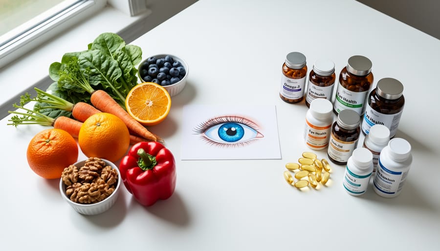 Vitamin supplements in capsules alongside fresh vegetables including kale and carrots