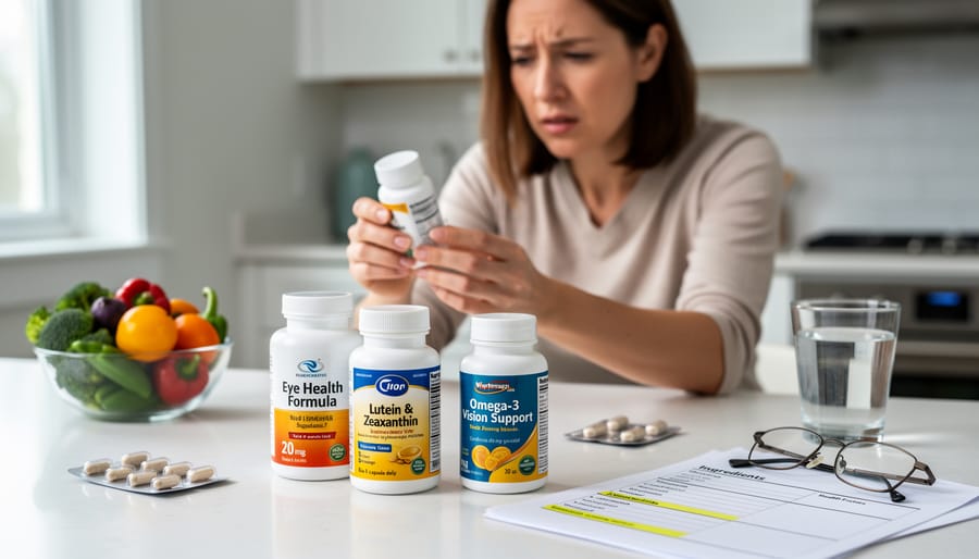 Senior woman examining supplement bottle label while holding it in her hands