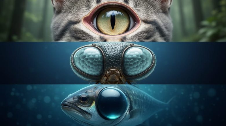 Label-free feature image showing detailed cross-section style layers of a cat eye, an insect compound eye, and a deep-sea fish eye to illustrate how animal vision structures differ across species.