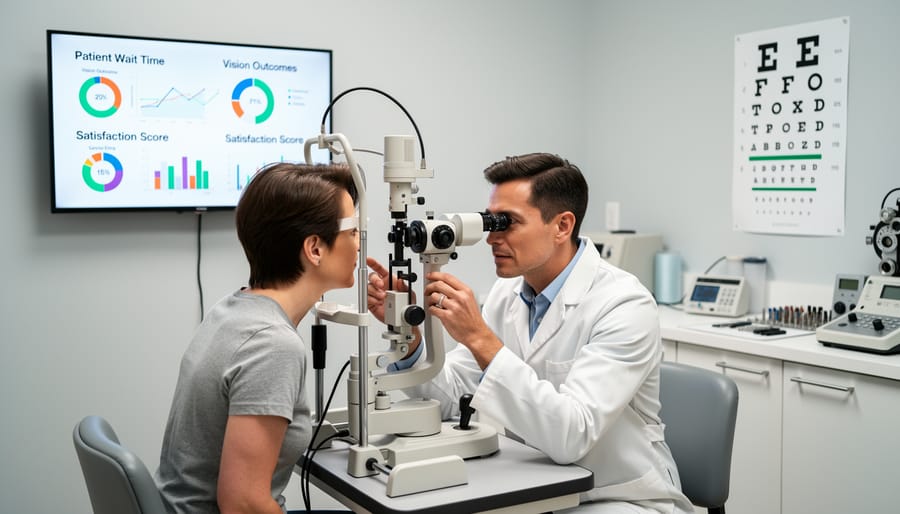 Clinician and patient seated together in an eye exam room next to a slit-lamp