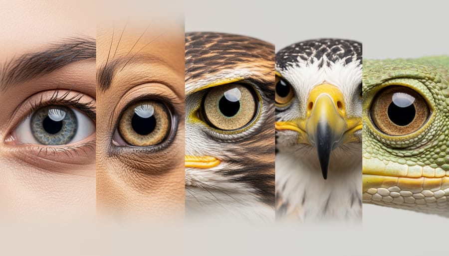 Close-up comparison of a cat and a person looking toward the camera, highlighting detailed eye appearance