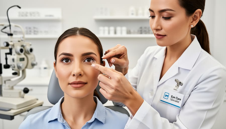 Eye care professional handling contact lens tools near a patient’s face.