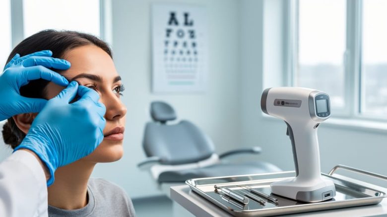 “Clinician’s gloved hands conducting an eye examination in a modern eye-care clinic with diagnostic equipment on a tray.”