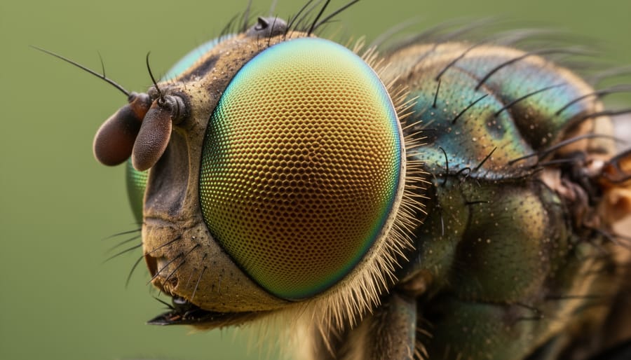Macro close-up of an insect compound eye on a green leaf