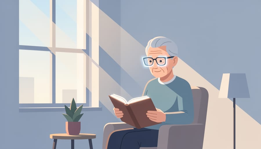 Older adult reading a book outdoors in warm golden-hour light while wearing glasses.