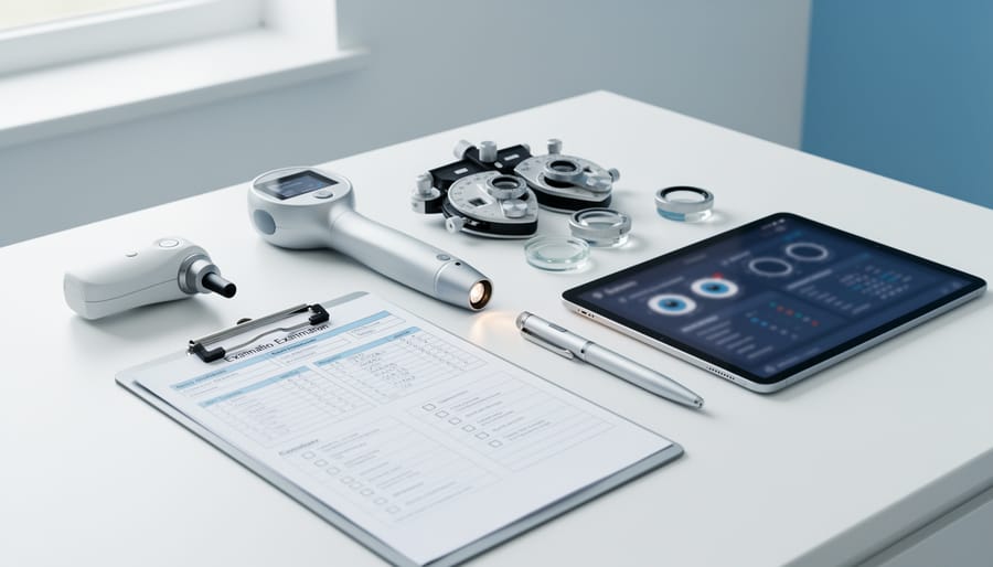 Ophthalmic instruments arranged on a tray in an eye clinic