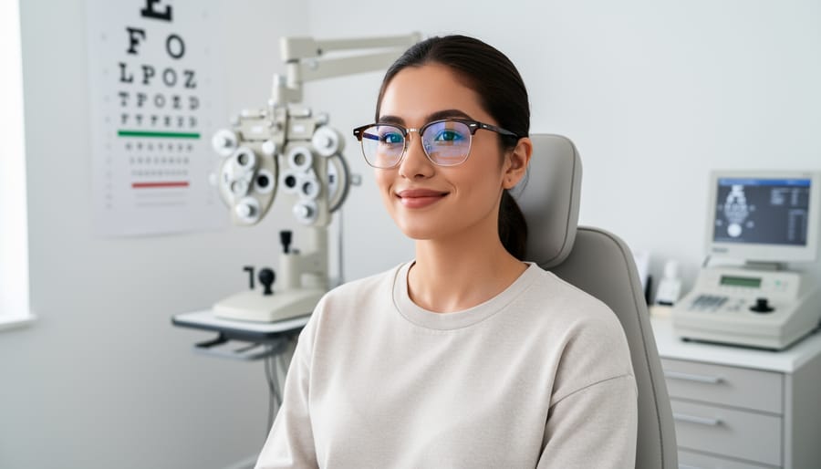 Person holding prescription eyeglasses at an optometrist clinic.