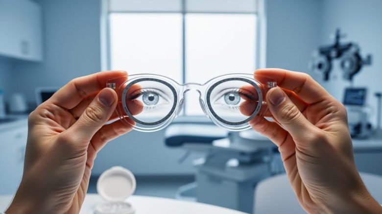 Person’s hands adjusting clear eyeglasses with soft reflections, suggesting how vision correction helps focus light for clearer eyesight.