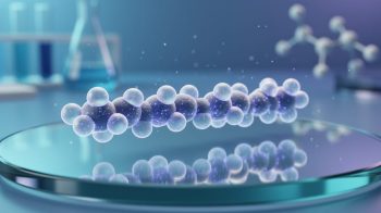 Glowing segmented peptide chain representing BPC-157’s 15-amino-acid structure on a cool blue laboratory background