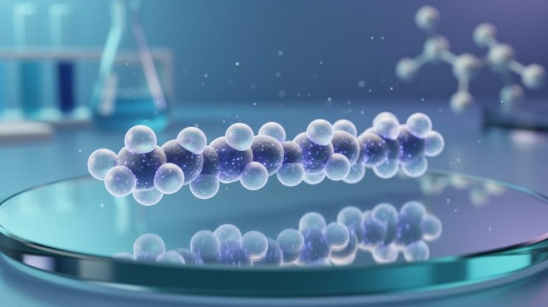 Glowing segmented peptide chain representing BPC-157’s 15-amino-acid structure on a cool blue laboratory background