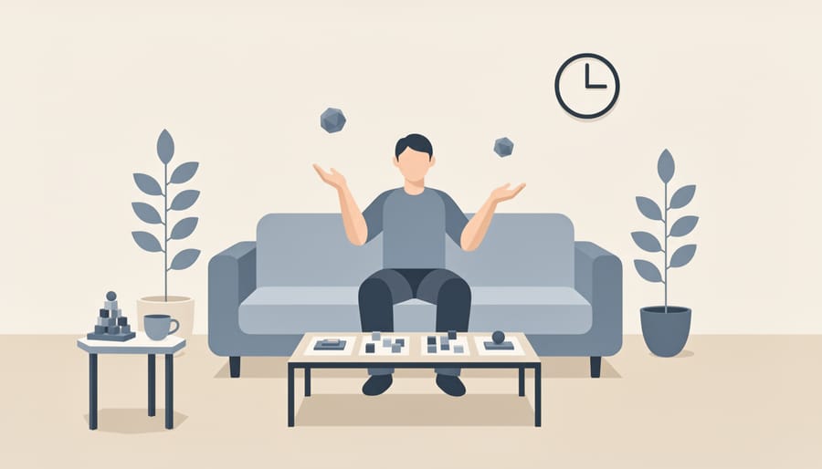 Older adult practicing a simple visual-motor coordination activity at a home table in warm morning light