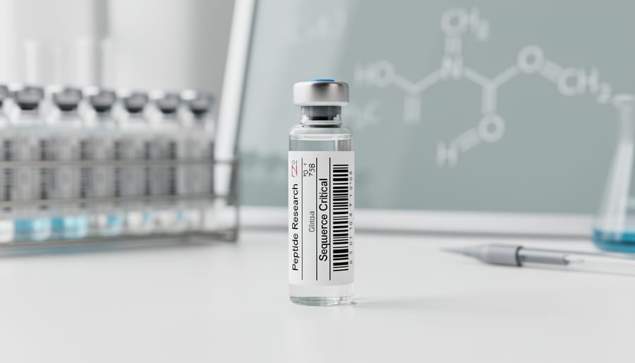 Laboratory glass vial containing a pale shimmering solution on a clean lab bench