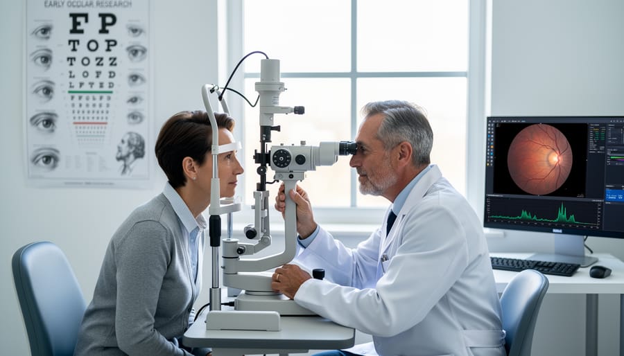 Gloved hand gently preparing eye care for a person with closed eyelids in a clinic setting