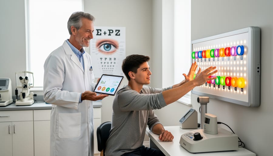 Patient holding a vision training target tablet while a clinician supervises in an optometry clinic room