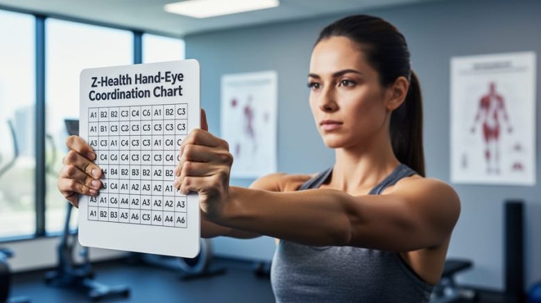 Person holding a hand-eye coordination training chart at arm’s length while looking at it to practice smooth eye tracking.