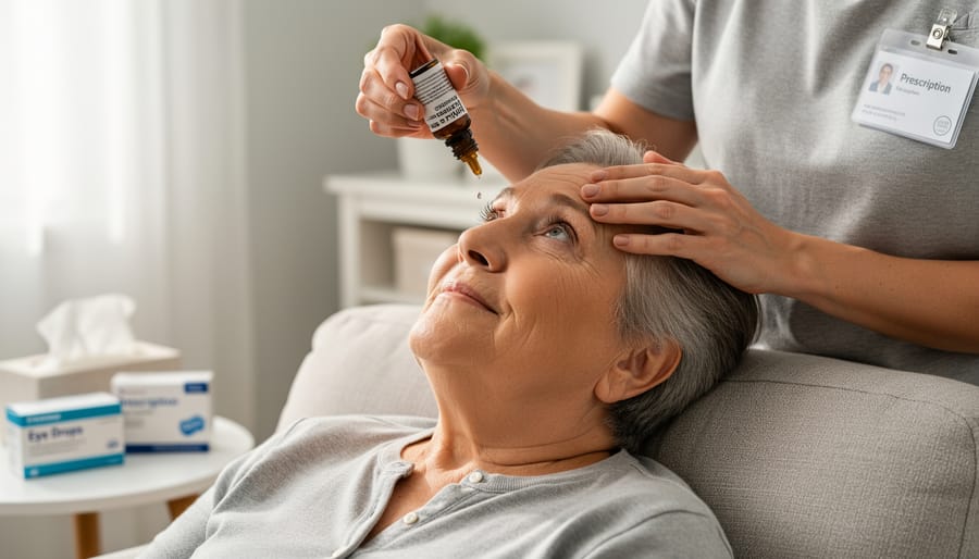 Caregiver administering eye drops to an elderly person in a home setting.