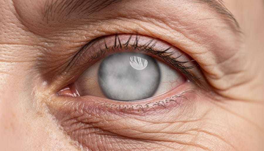 Close-up visual representing cataract clouding in the eye lens.